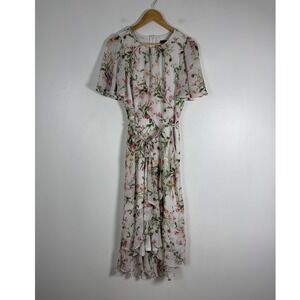 Cottagecore JH Women 8 Midi Dress Wht Pink Floral Flutter Sleeve High Low Ruffle